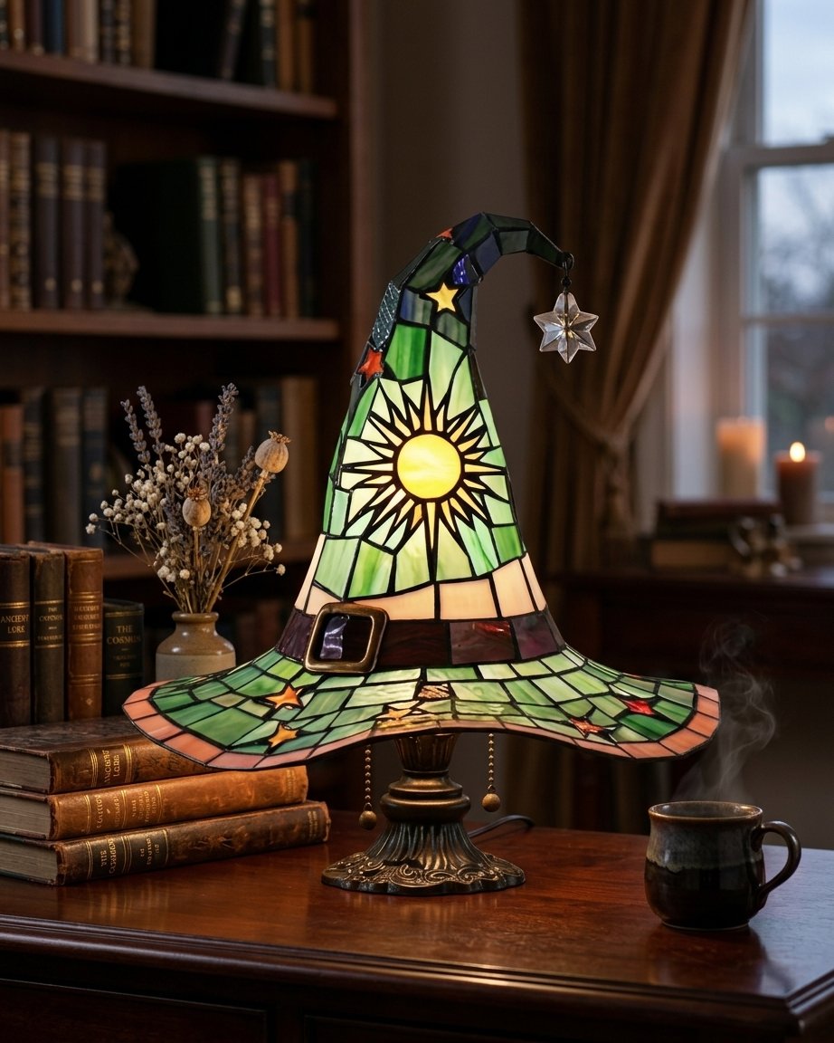 Witch Hat Stained Glass Style Accent Lamp with Star and Sun Panels