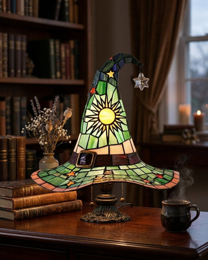 Witch Hat Stained Glass Style Accent Lamp with Star and Sun Panels
