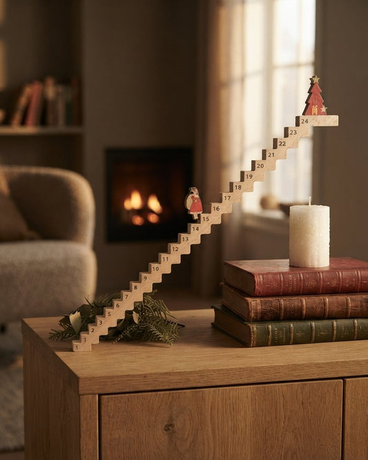 Wooden Advent Calendar Staircase with Santa Figure, Natural Brown