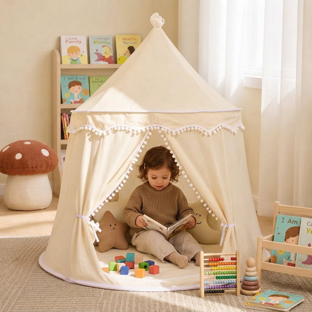 Castle Play Tent with Pom-Pom Trim and Tie-Back Curtains
