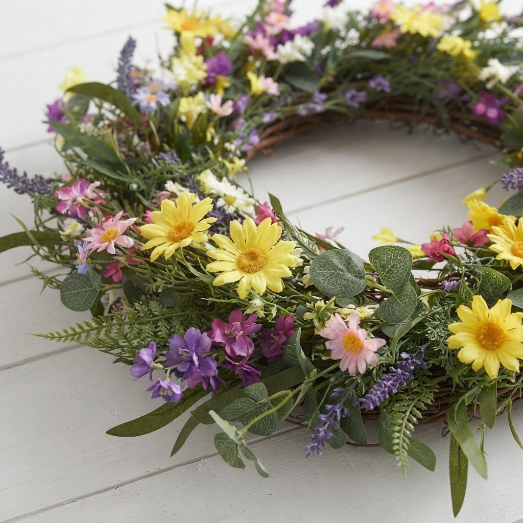 Artificial Wildflower Wreath with Daisies and Lavender, 45-55 cm