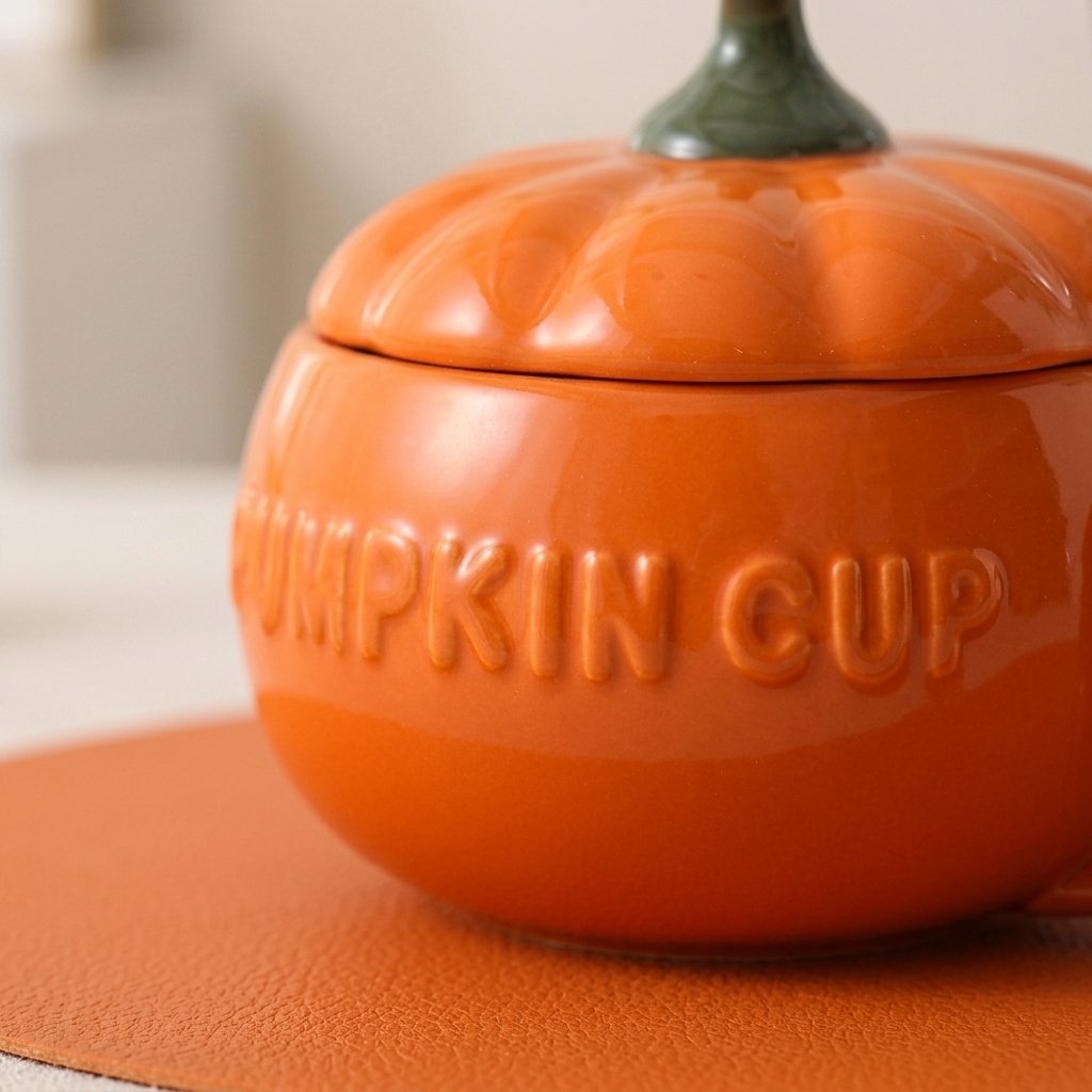 Ceramic Pumpkin Mug with Lid and Spoon, Burnt Orange