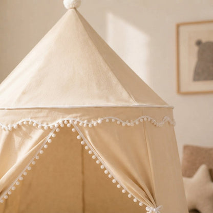 Kids Castle Play Tent with Pom-Pom Trim and Tie Curtains, Beige