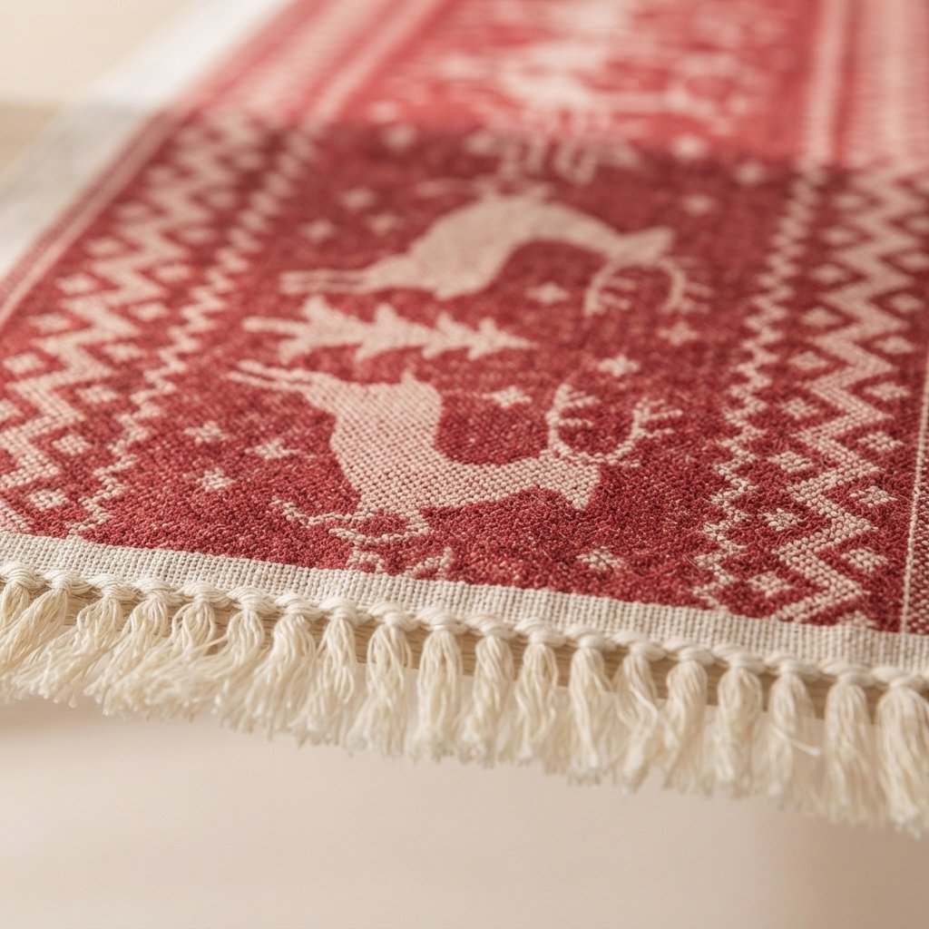 Christmas Table Runner with Tassel Fringe, Crimson and Cream