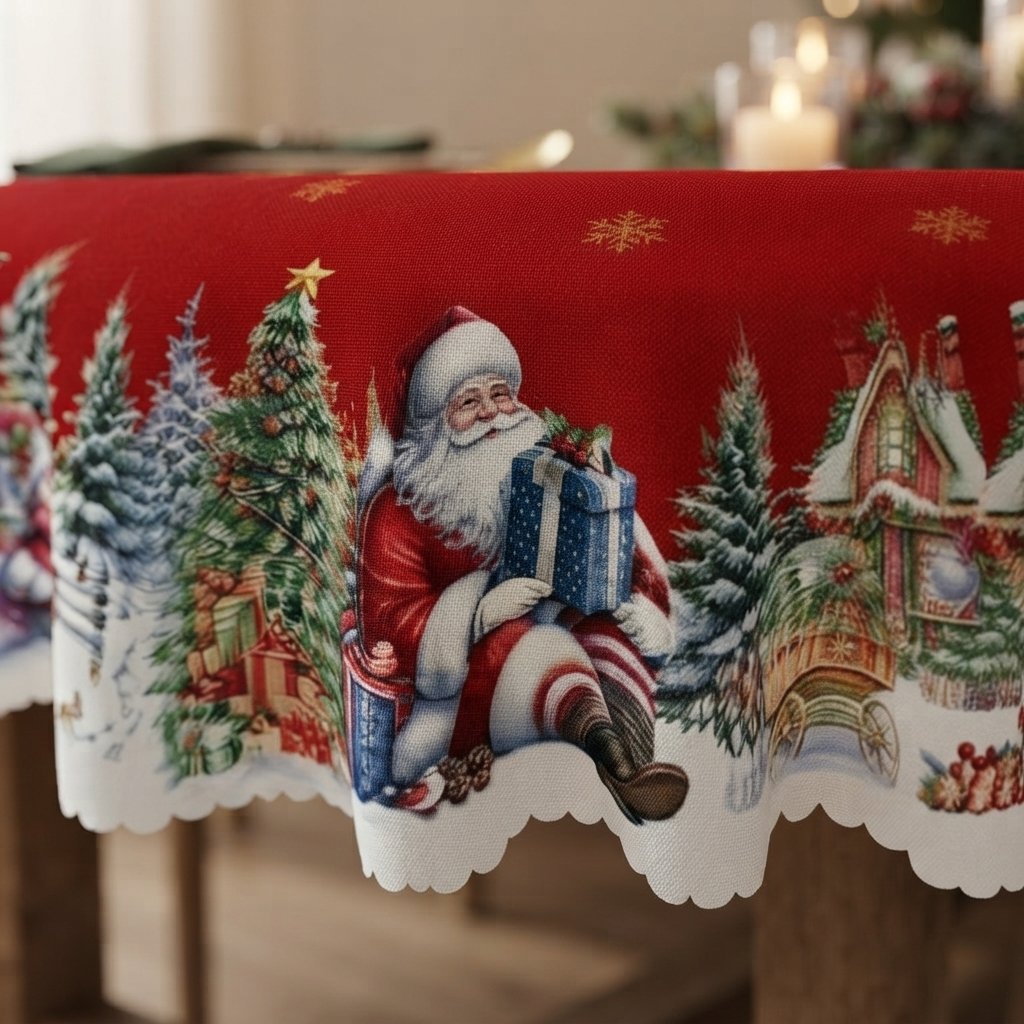 Christmas Tablecloth with Santa and Snowflake Border, Red