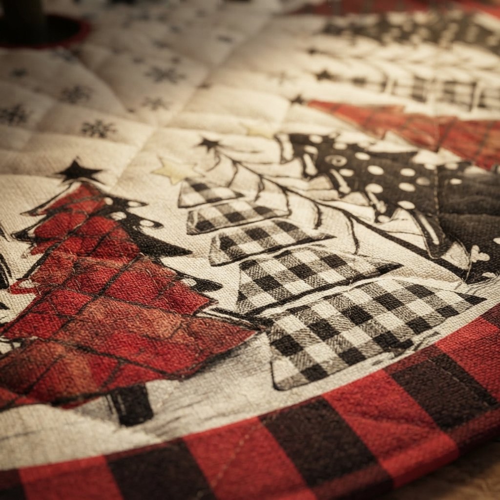Quilted Round Christmas Tree Skirt with Buffalo Check Border