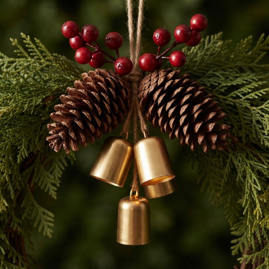 Christmas Wreath with Pinecones, Red Berries and Gold Bells, 17"