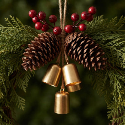 Christmas Wreath with Pinecones, Red Berries and Gold Bells, 17"