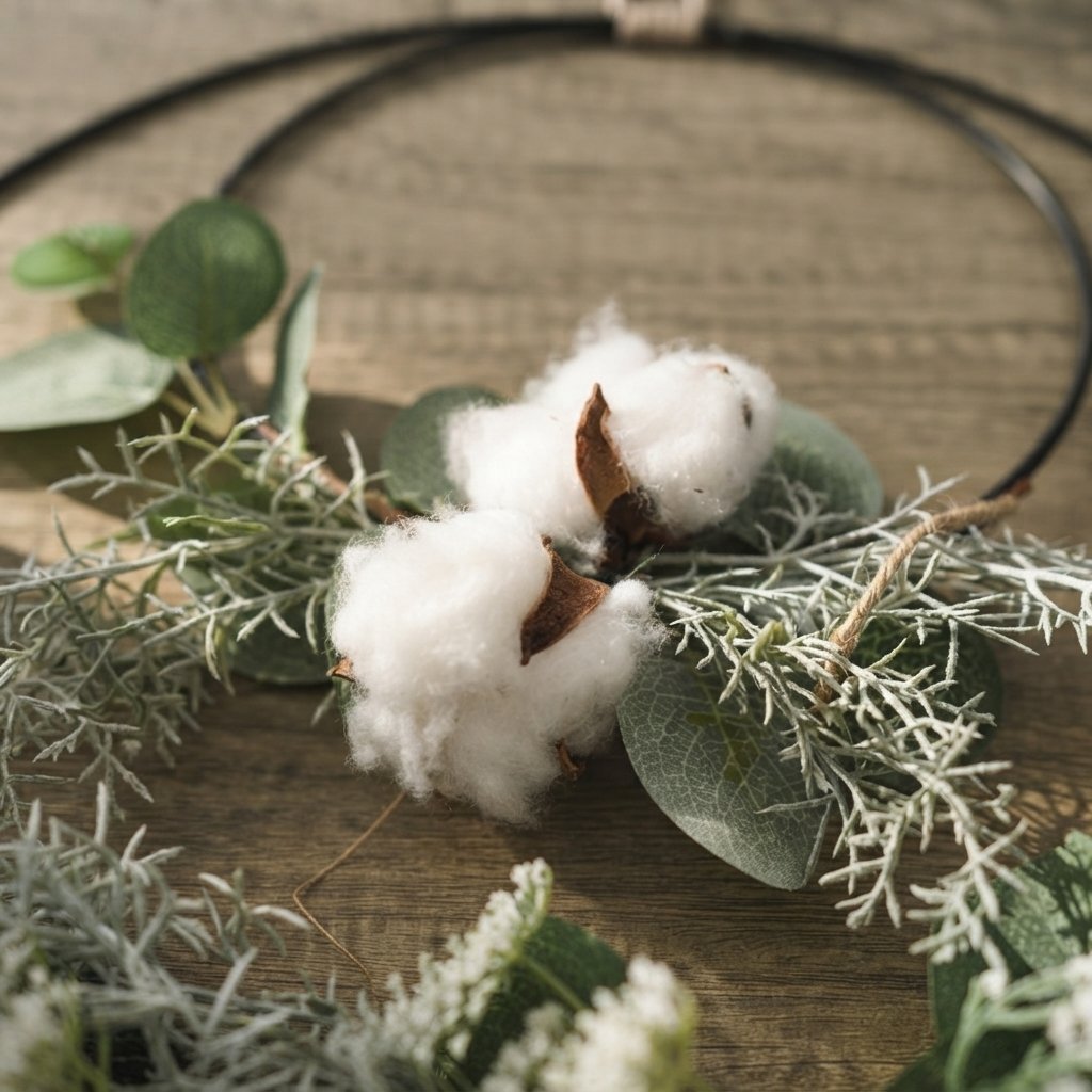 Double Hoop Wreath with Faux Eucalyptus and Cotton Stems – Black Metal, 43 cm