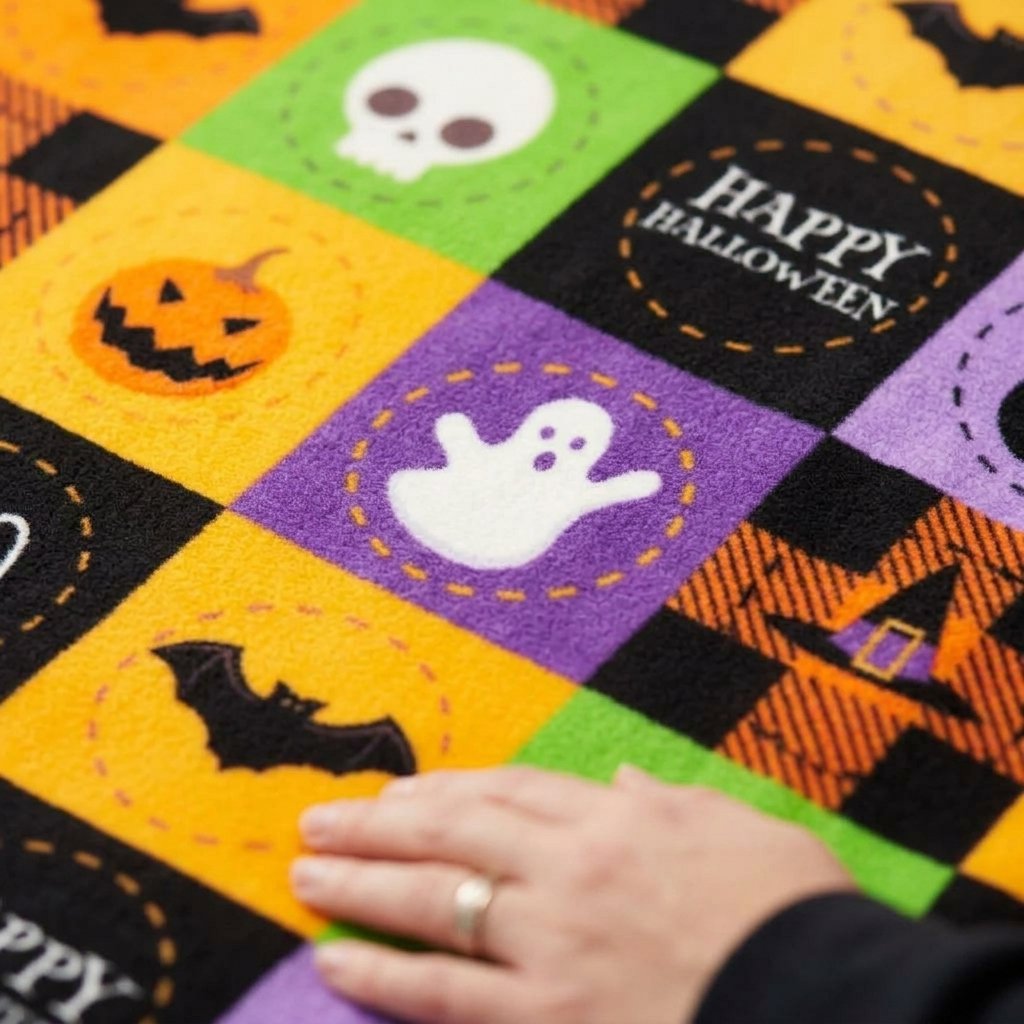Halloween Fleece Throw Blanket with Bat, Ghost and Pumpkin Print
