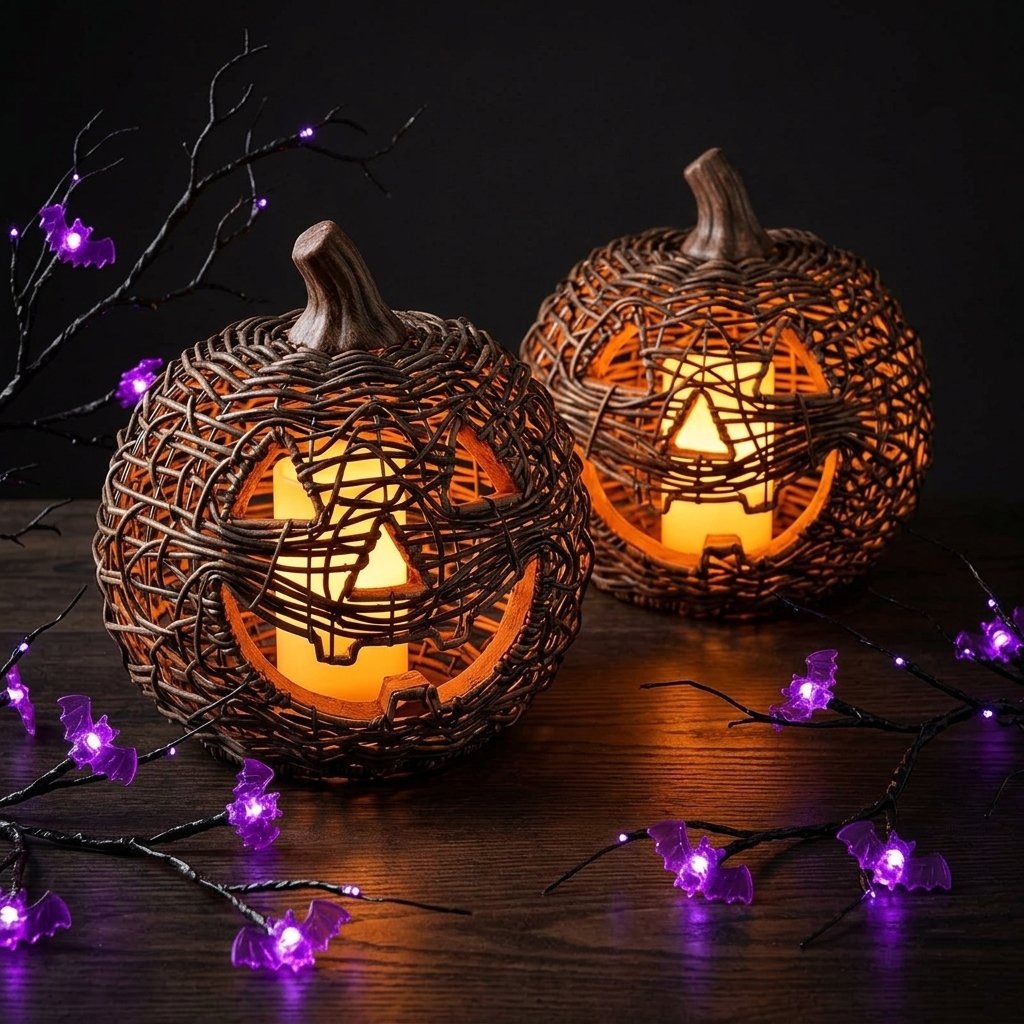 Halloween LED Twig Garland with 18 Pumpkin or Bat Lanterns – 6 ft