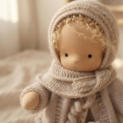 Cloth Doll Gift Set with Knitted Outfit and Stuffed Animal