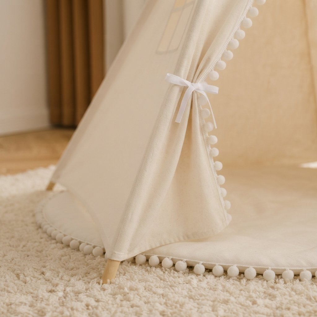 Cotton Canvas Teepee Play Tent with Pom-Pom Trim, Cream