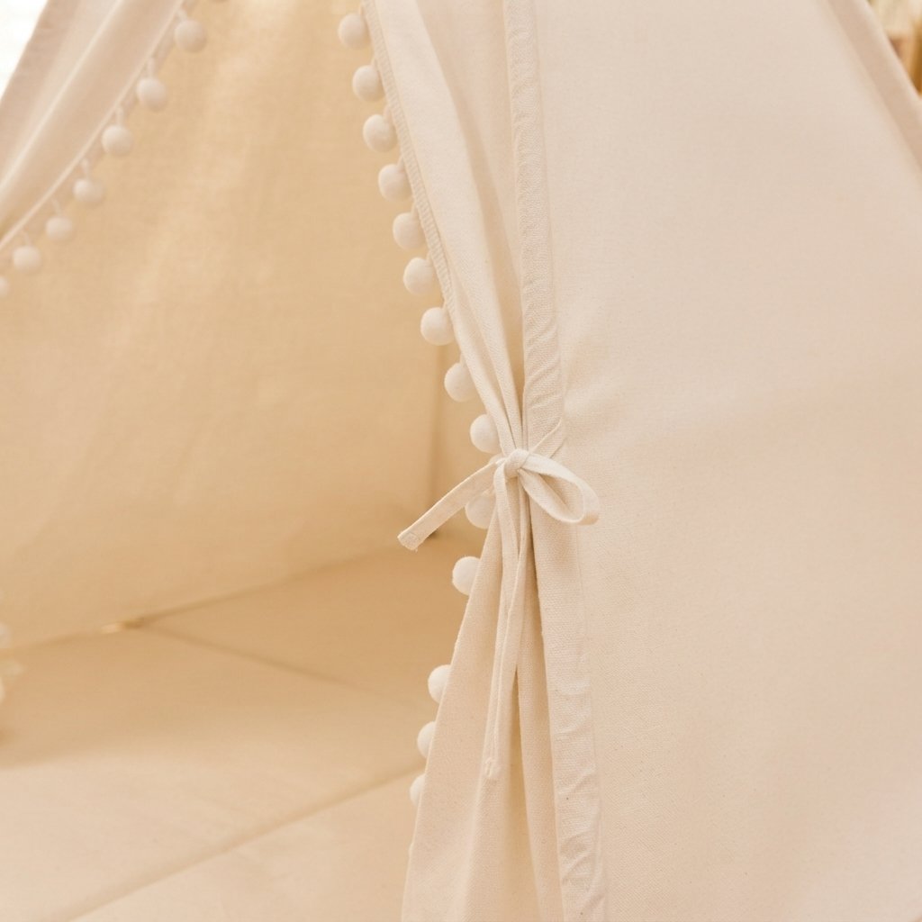 Kids Cotton Teepee Play Tent with Pom-Pom Trim, White