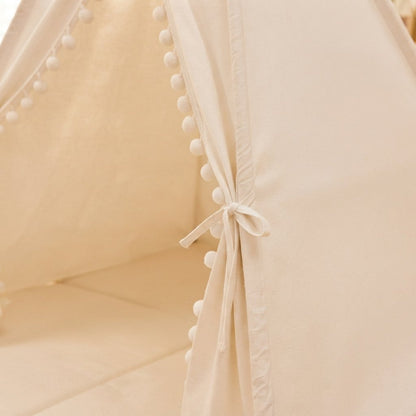 Kids Cotton Teepee Play Tent with Pom-Pom Trim, White