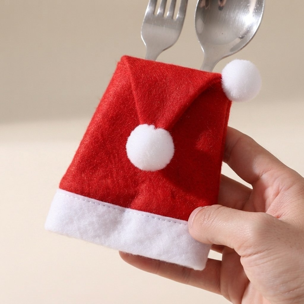 Santa Hat Felt Cutlery Holders, Set of 10, Red and White