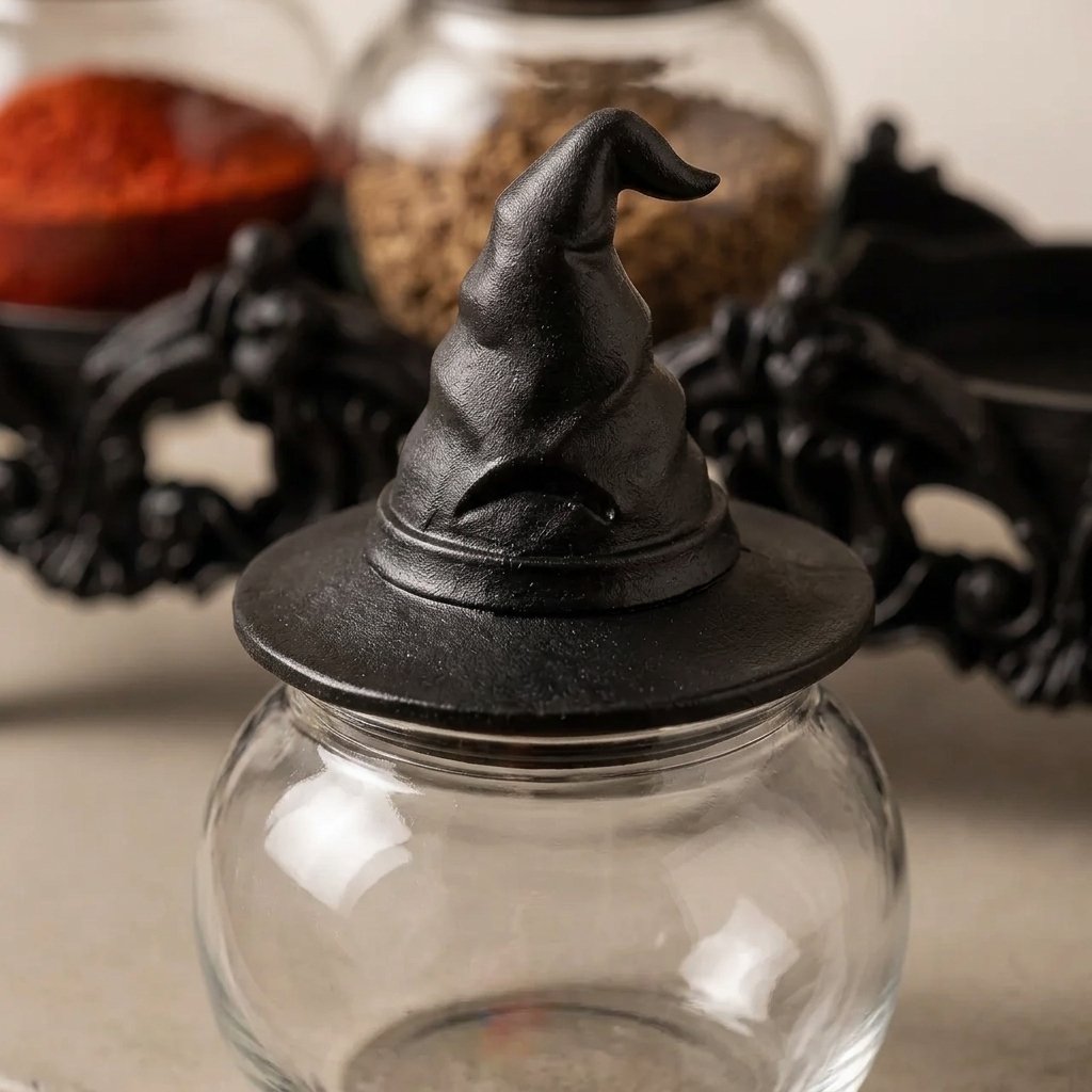 Three-Jar Glass Spice Set with Witch-Hat Lids and Countertop Rack, Black