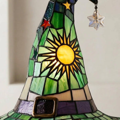 Witch Hat Stained Glass Style Accent Lamp with Star and Sun Panels