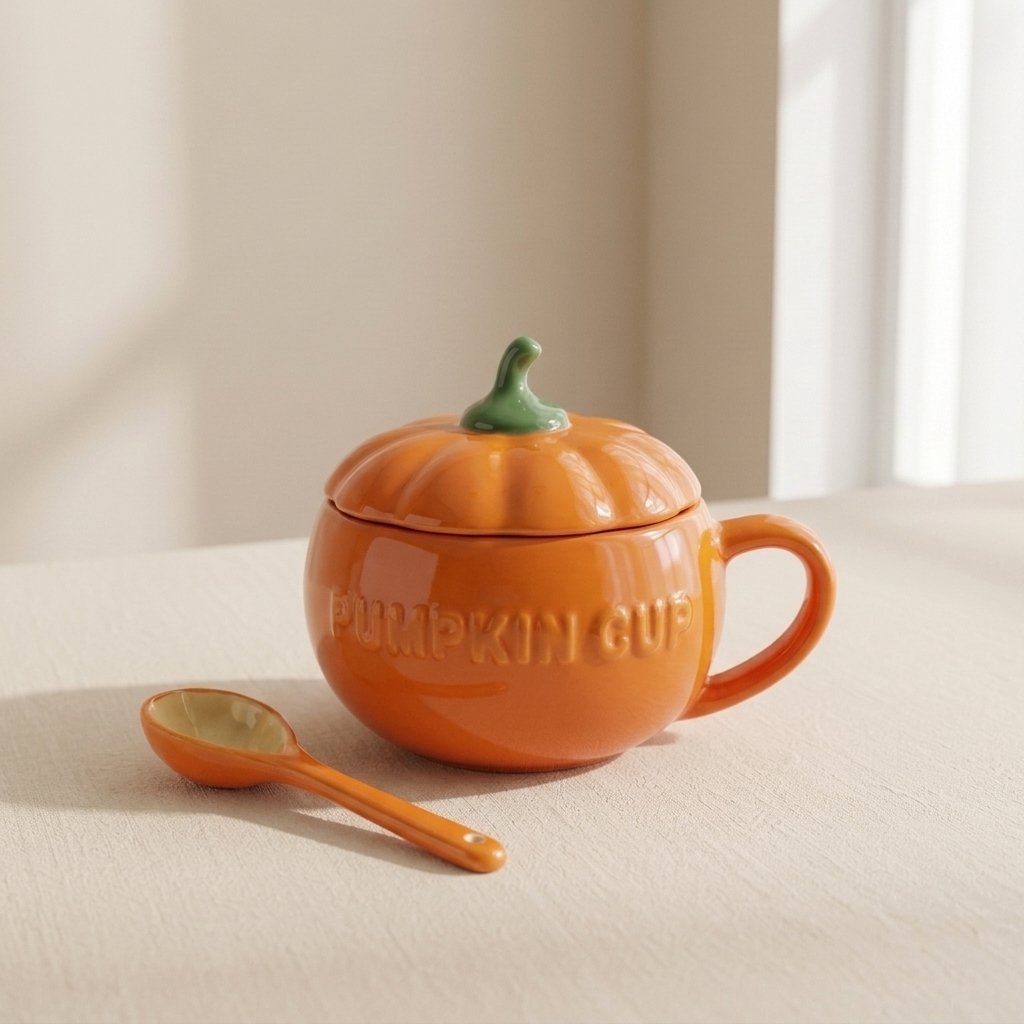 Ceramic Pumpkin Mug with Lid and Spoon, Burnt Orange