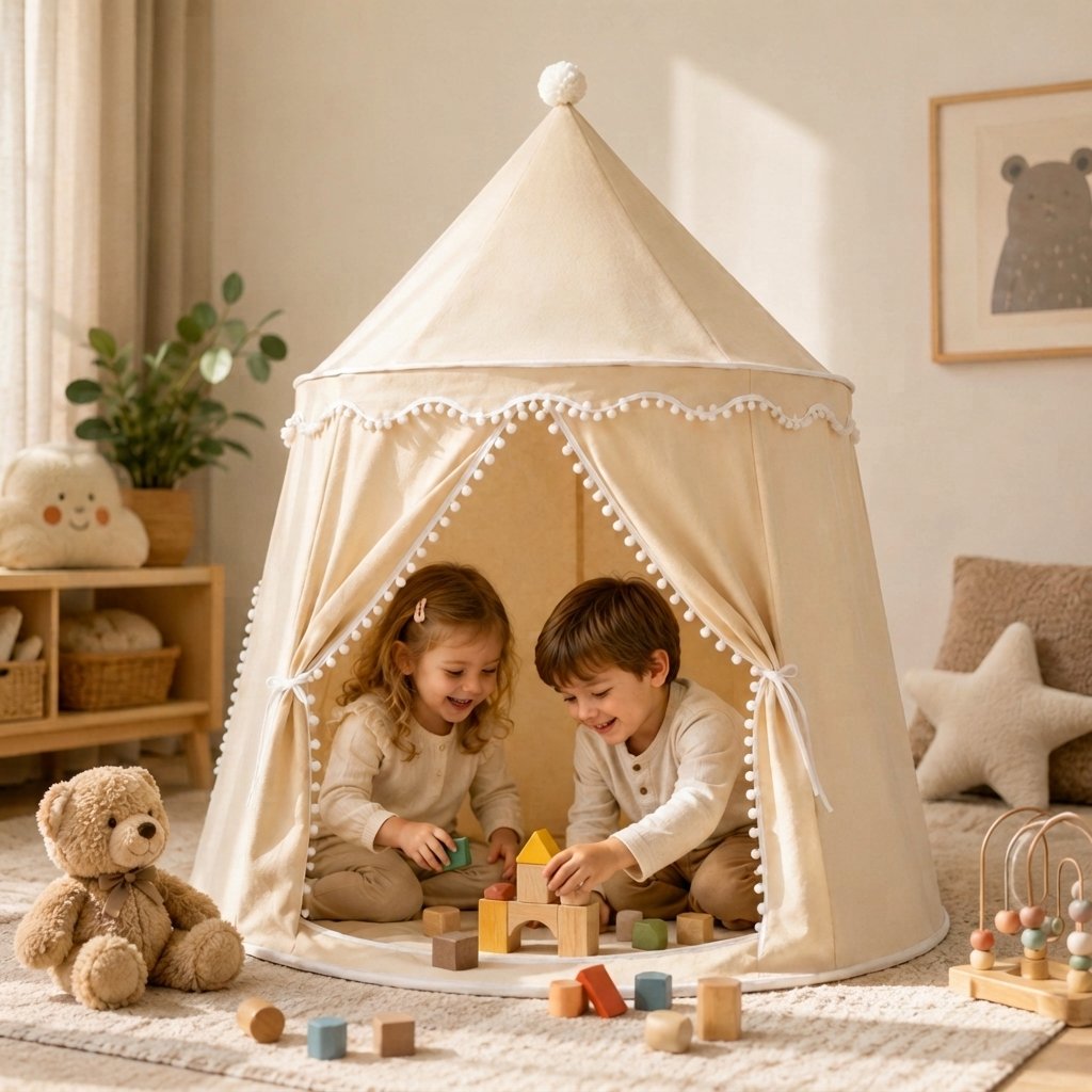 Kids Castle Play Tent with Pom-Pom Trim and Tie Curtains, Beige