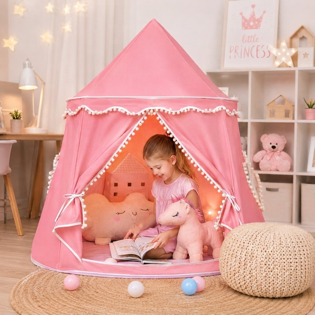 Castle Play Tent with Pom-Pom Trim and Tie-Back Curtains