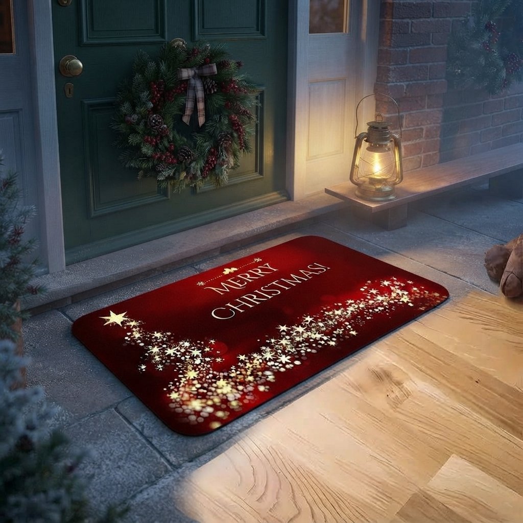Non-Slip Christmas Door Mat with Golden Star Tree, Crimson