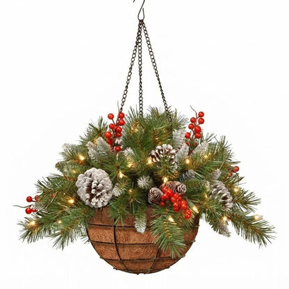 Christmas Hanging Basket with Pinecones, Red Berries and Lights