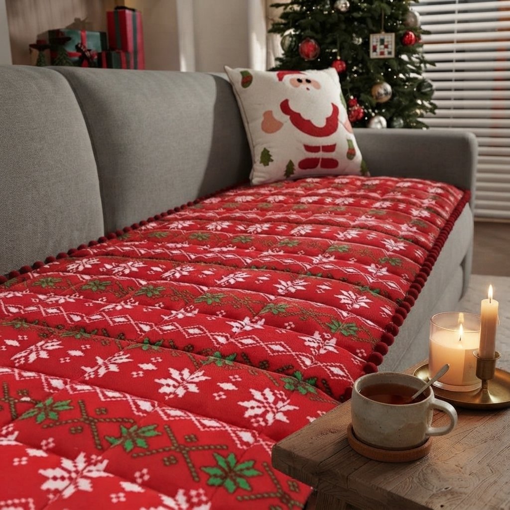 Quilted Christmas Sofa Cover with Snowflake Pattern