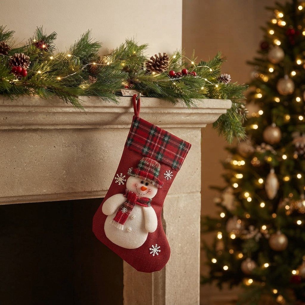 Christmas Stockings with Santa, Snowman, Reindeer and Polar Bear, Red Tartan