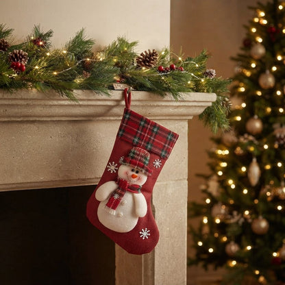Christmas Stockings with Santa, Snowman, Reindeer and Polar Bear, Red Tartan
