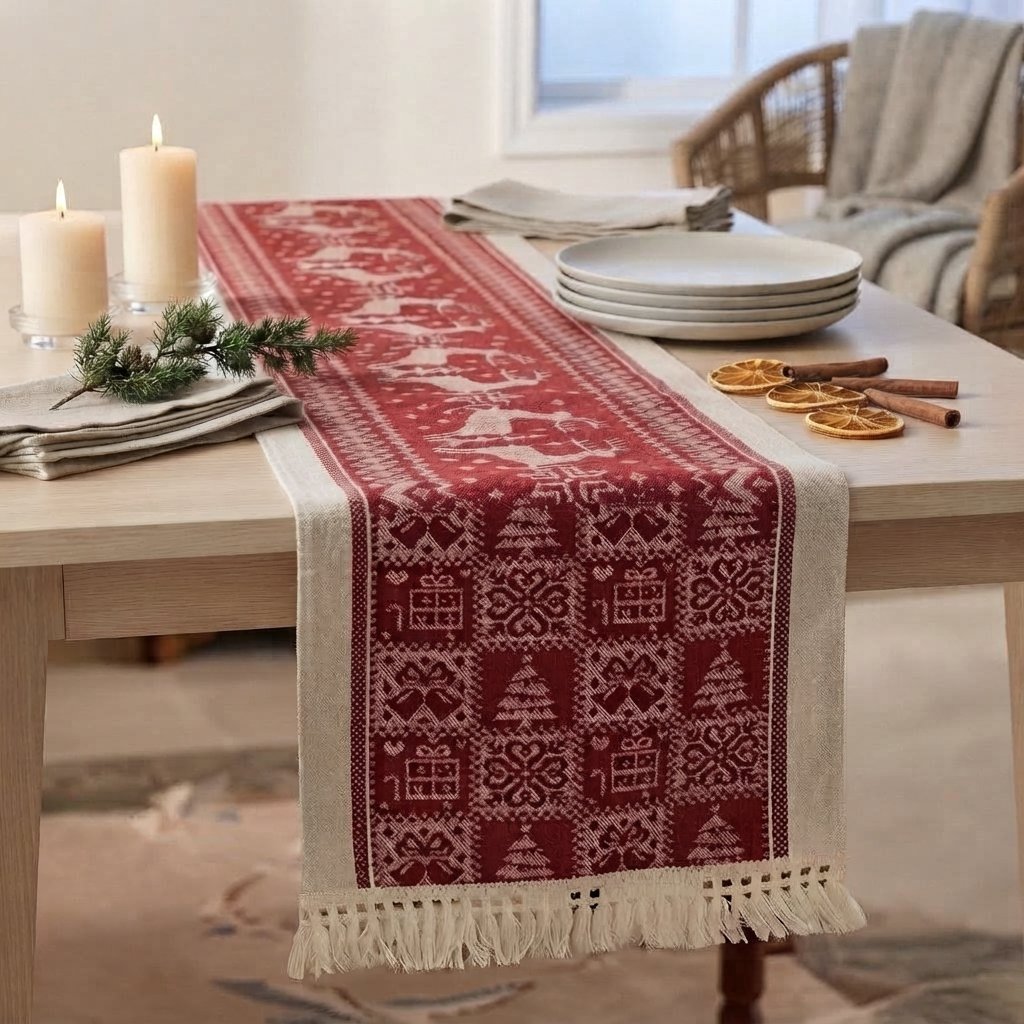 Christmas Table Runner with Tassel Fringe, Crimson and Cream