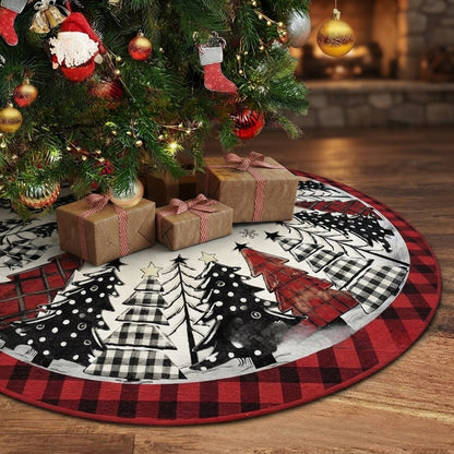 Quilted Round Christmas Tree Skirt with Buffalo Check Border