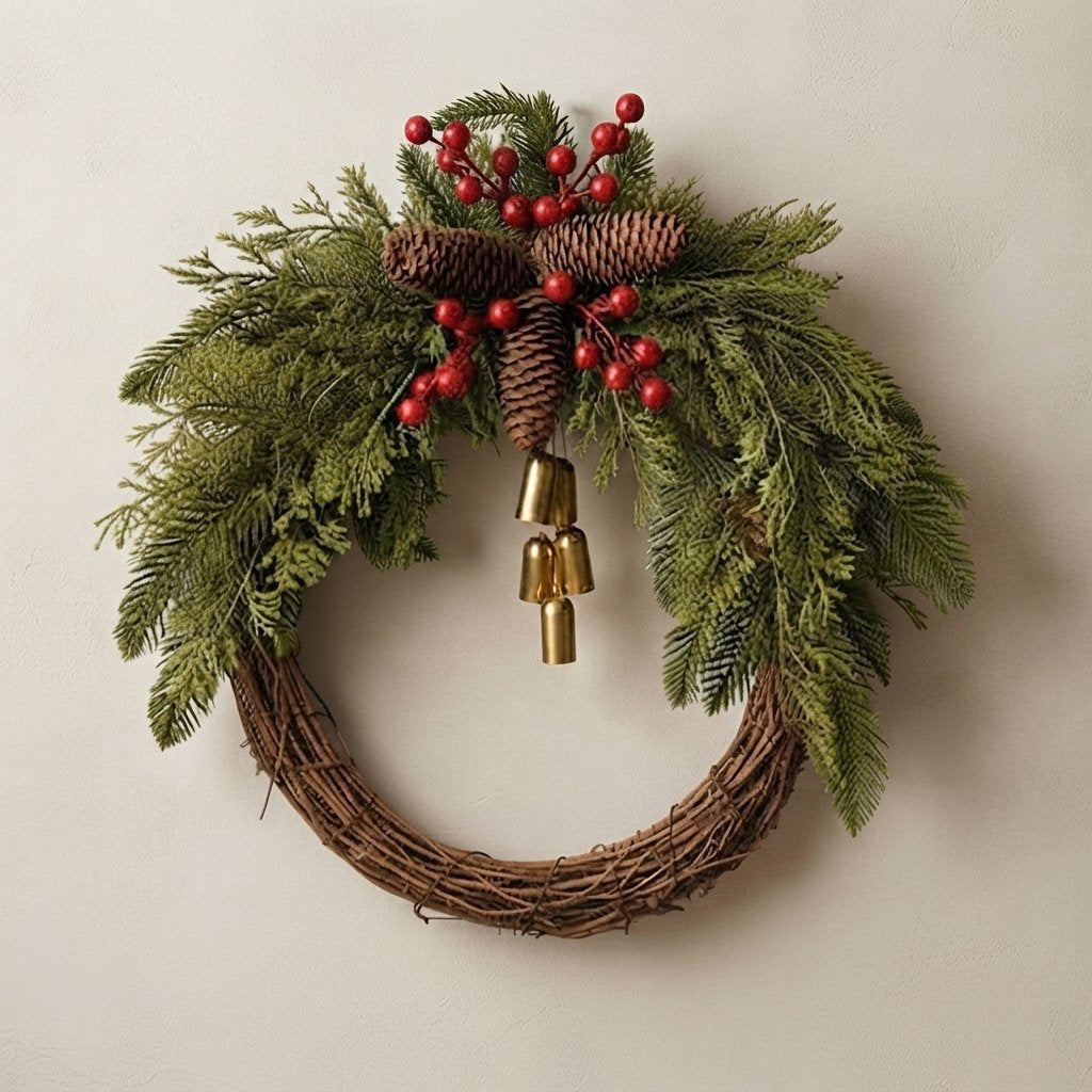 Christmas Wreath with Pinecones, Red Berries and Gold Bells, 17"
