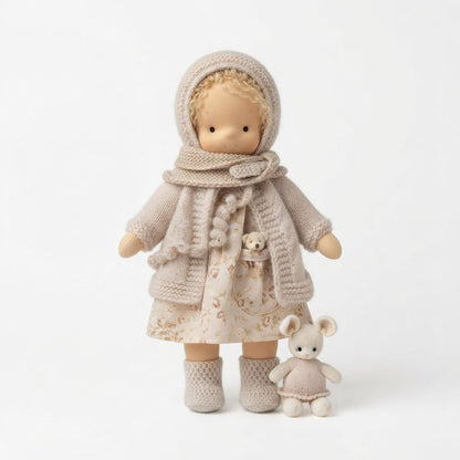 Cloth Doll Gift Set with Knitted Outfit and Stuffed Animal
