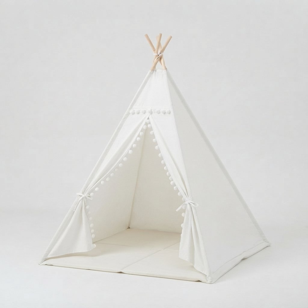 Kids Cotton Teepee Play Tent with Pom-Pom Trim, White