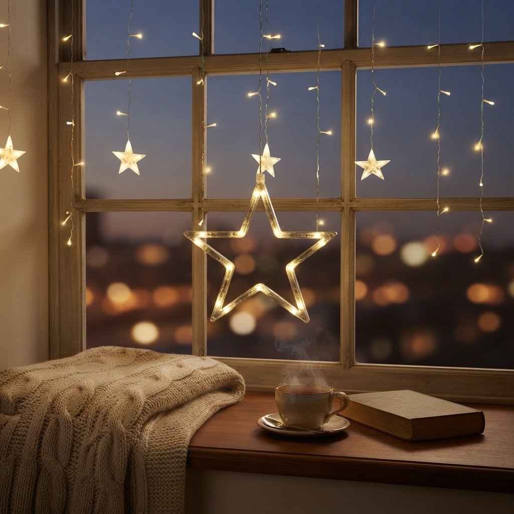 LED Star Curtain Lights with Timer, Warm White
