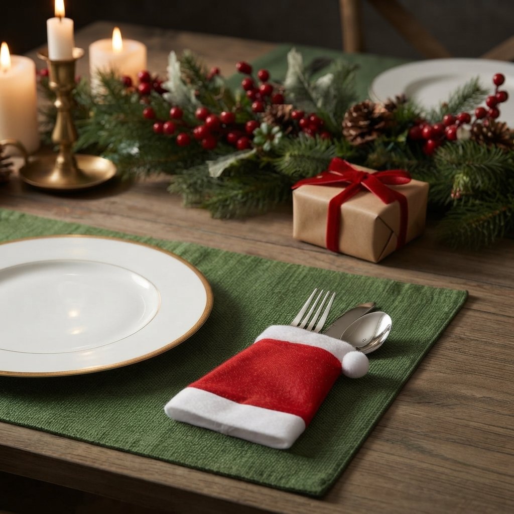 Santa Hat Felt Cutlery Holders, Set of 10, Red and White