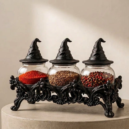 Three-Jar Glass Spice Set with Witch-Hat Lids and Countertop Rack, Black
