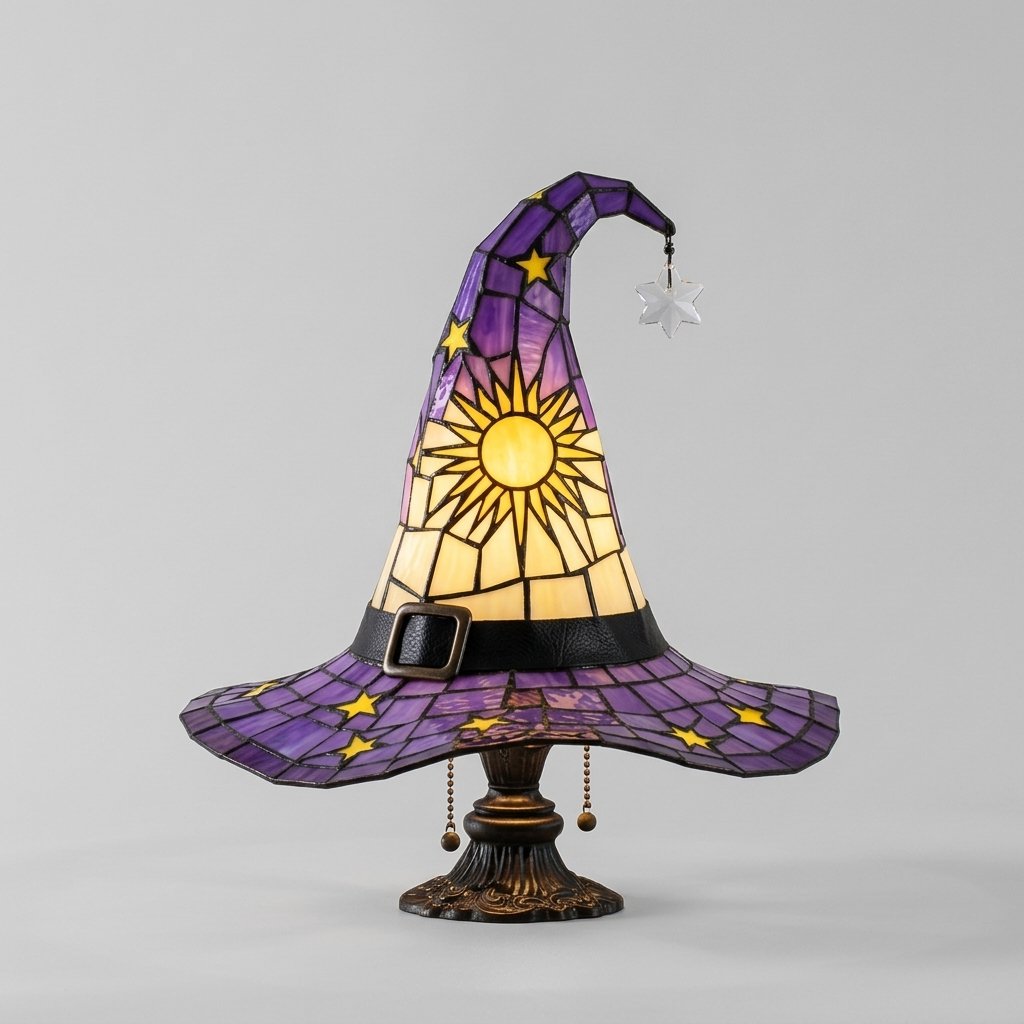 Witch Hat Stained Glass Style Accent Lamp with Star and Sun Panels