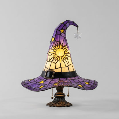 Witch Hat Stained Glass Style Accent Lamp with Star and Sun Panels