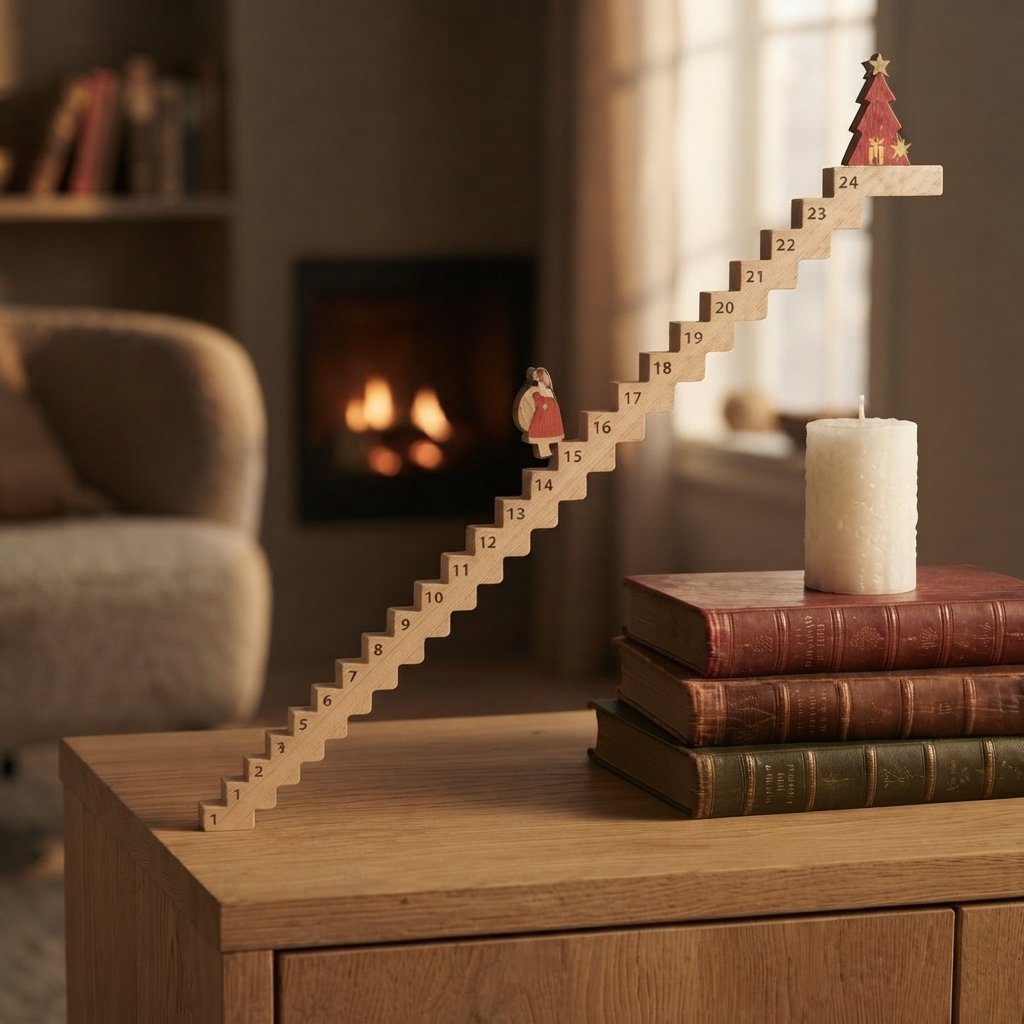 Wooden Advent Calendar Staircase with Santa Figure, Natural Brown