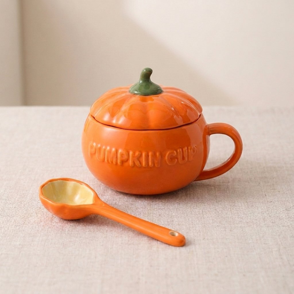 Ceramic Pumpkin Mug with Lid and Spoon, Burnt Orange