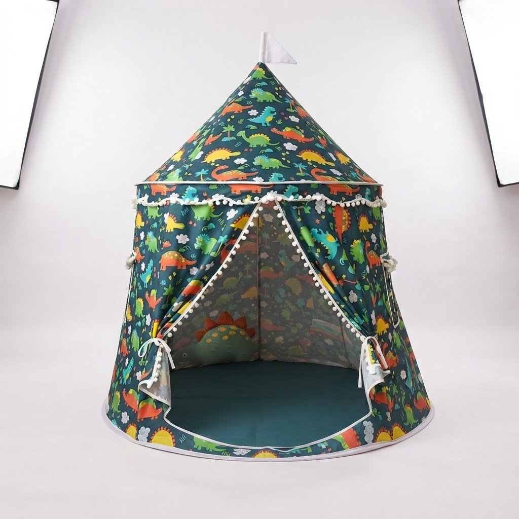 Castle Play Tent with Pom-Pom Trim and Tie-Back Curtains