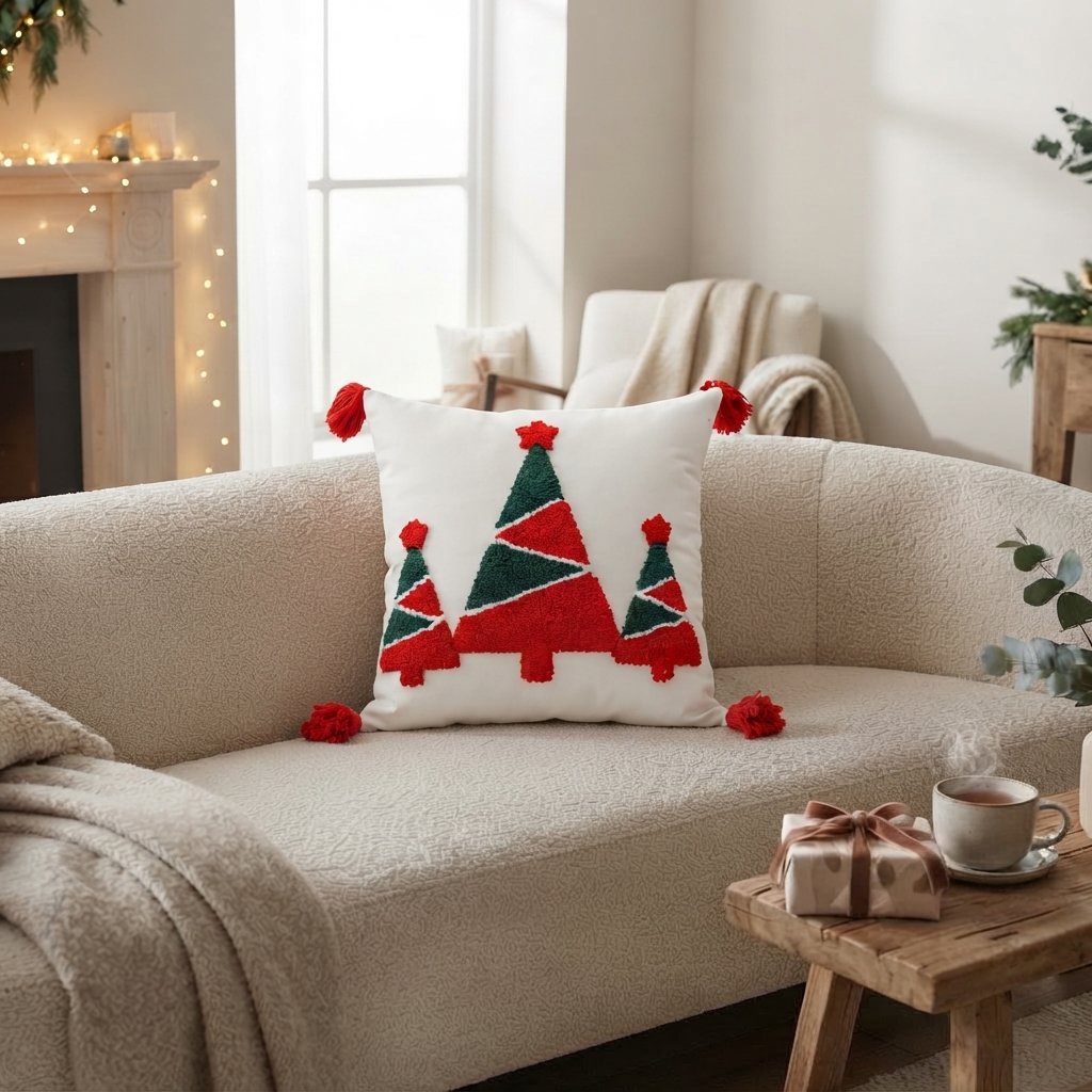 Tufted Christmas Cushion Cover, Cotton, 14 x 14 in
