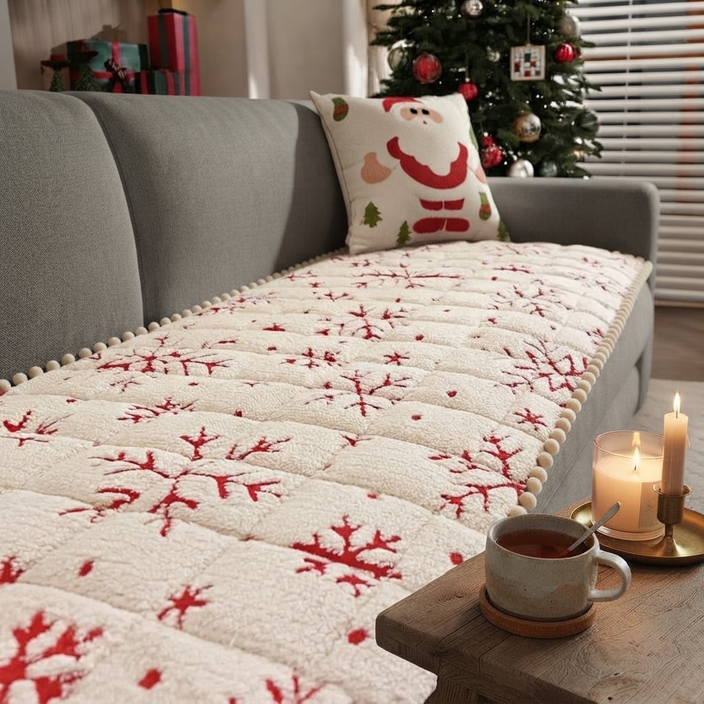 Quilted Christmas Sofa Cover with Snowflake Pattern