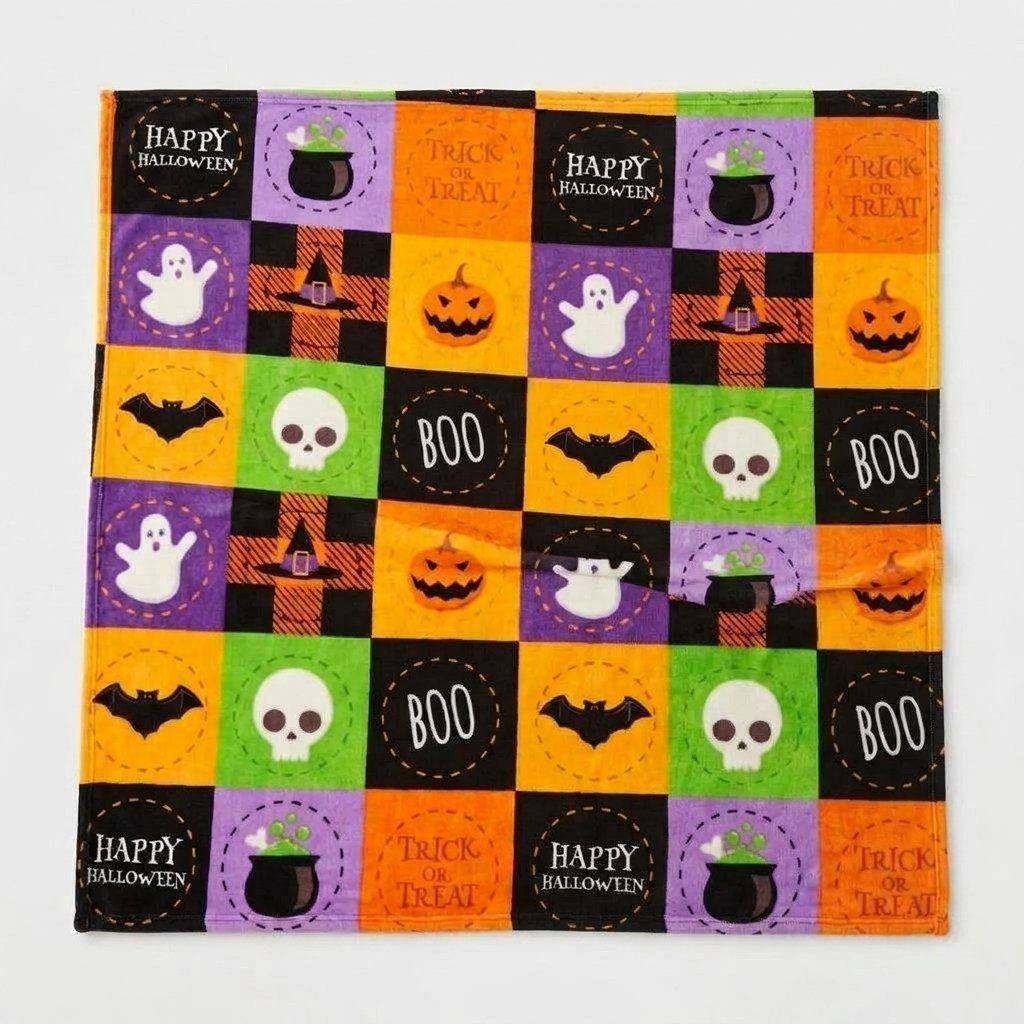 Halloween Fleece Throw Blanket with Bat, Ghost and Pumpkin Print