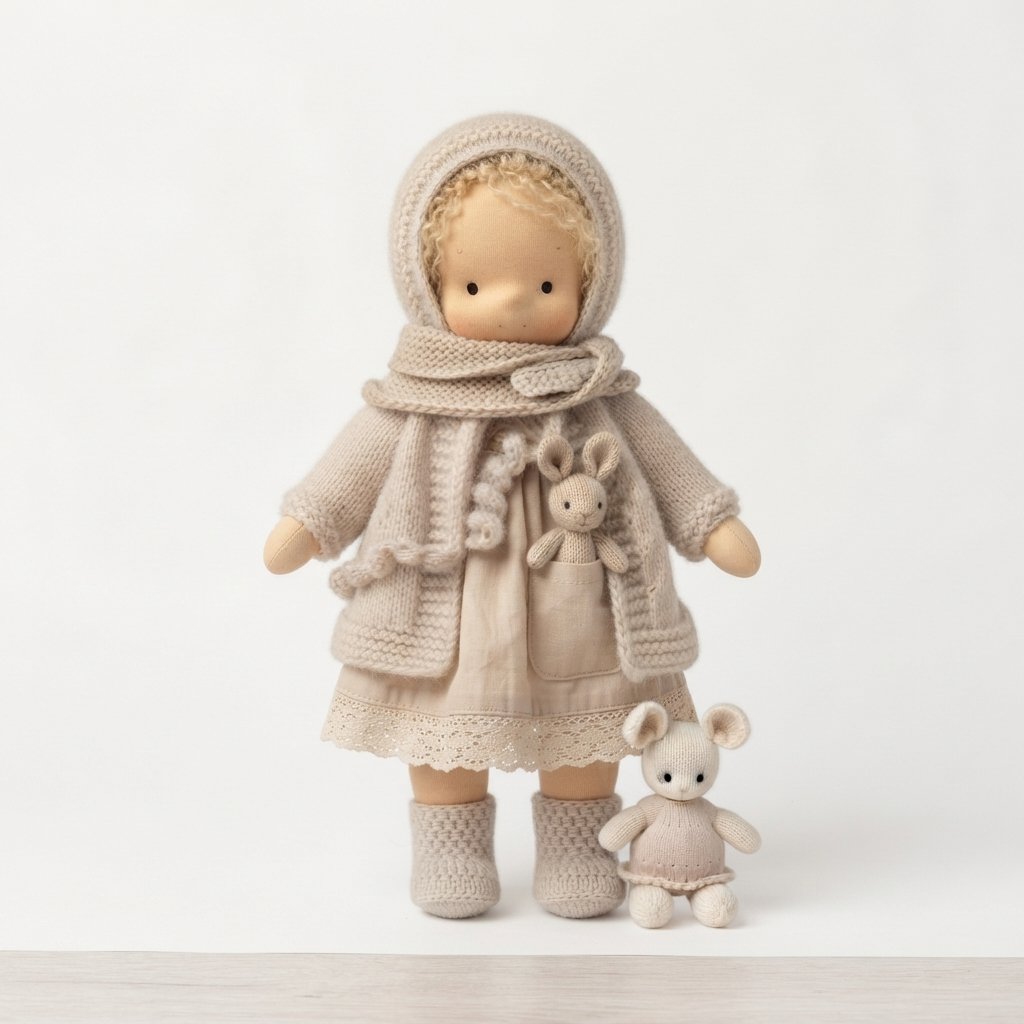 Cloth Doll Gift Set with Knitted Outfit and Stuffed Animal