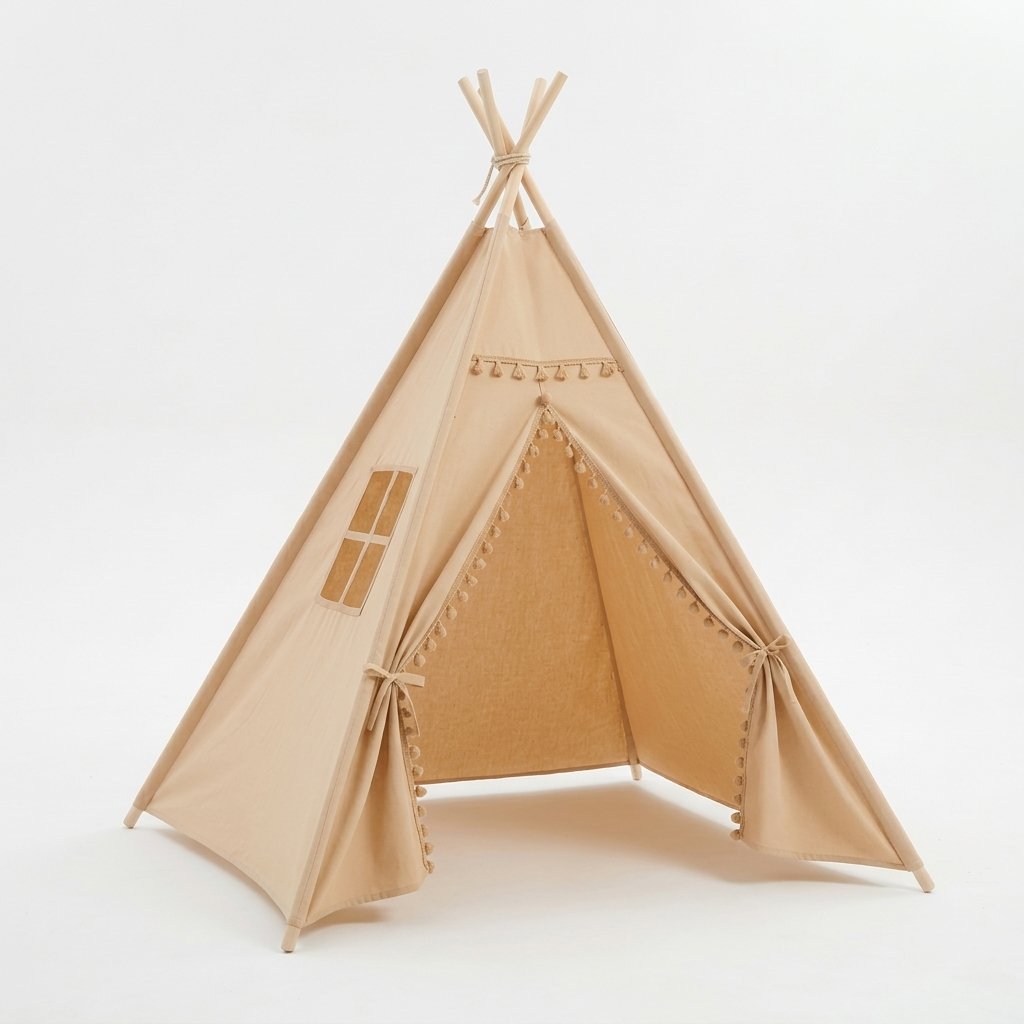 Cotton Canvas Teepee Play Tent with Pom-Pom Trim, Cream