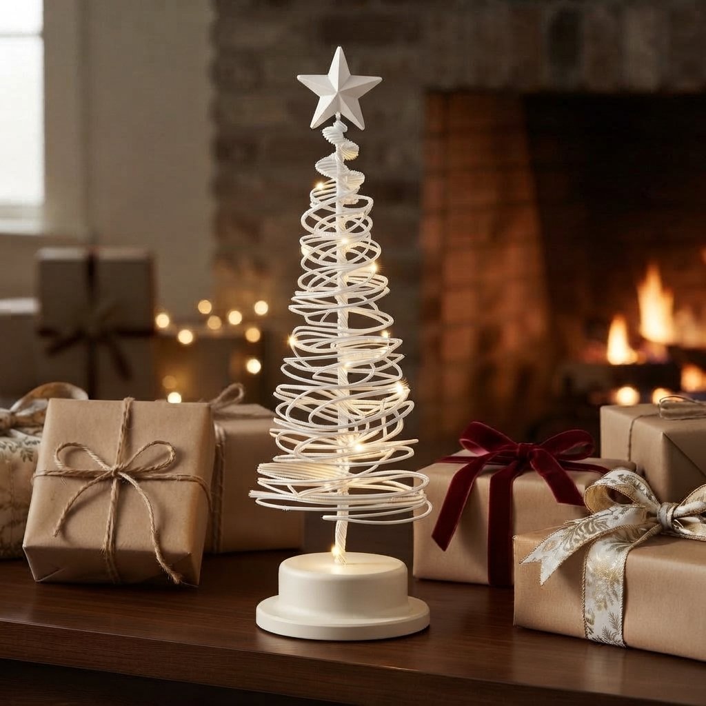 LED Spiral Christmas Tree with Star and Warm White Lights, 33 cm