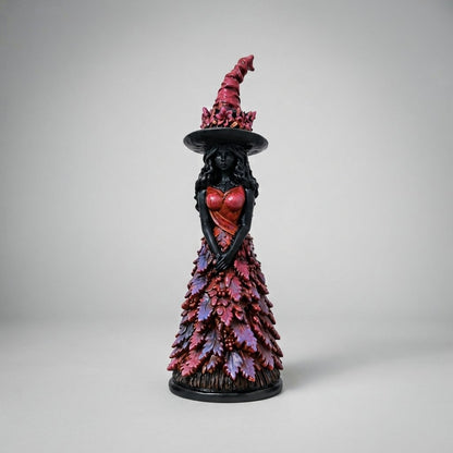 Resin Witch Figurine with Leaf Gown and Pointed Hat, 6.7 in